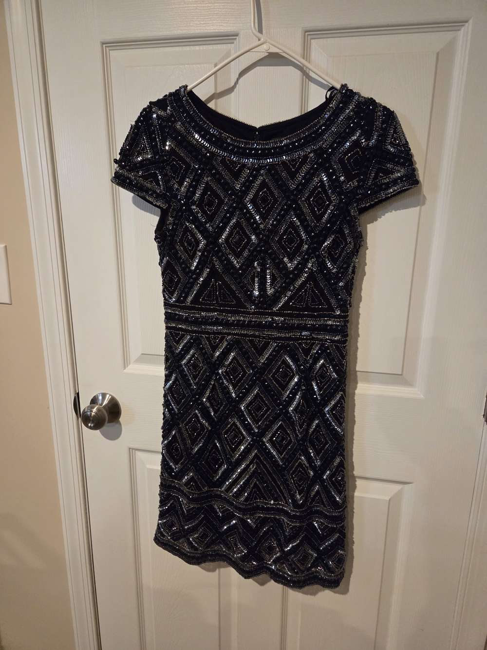 Adrianna Papell Black and Silver Beaded Midi Dress